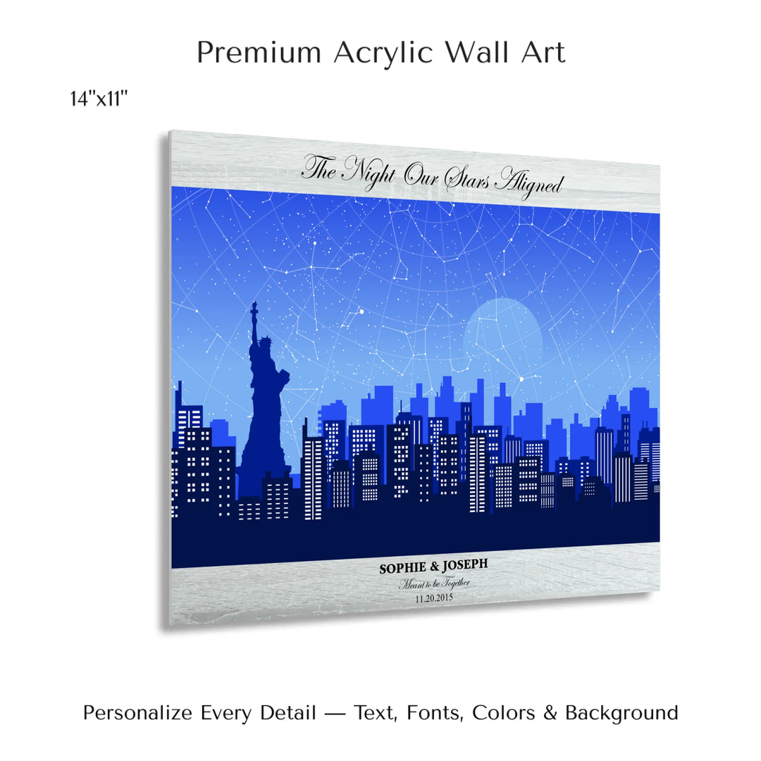 Custom star map wall art with New York City skyline background, personalized with names, date, and constellation layout - 14x11 acrylic print with french cleat-ARTFULANE
