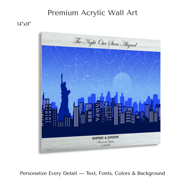 Custom star map wall art with New York City skyline background, personalized with names, date, and constellation layout - 14x11 acrylic print with french cleat-ARTFULANE