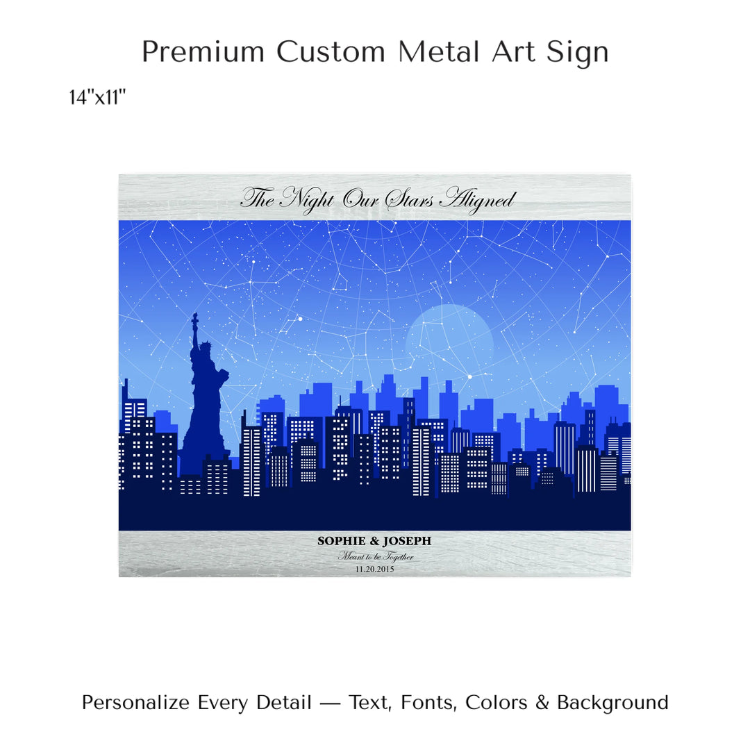 Custom star map wall art with New York City skyline background, personalized with names, date, and constellation layout - 14x11 metal art sign-ARTFULANE