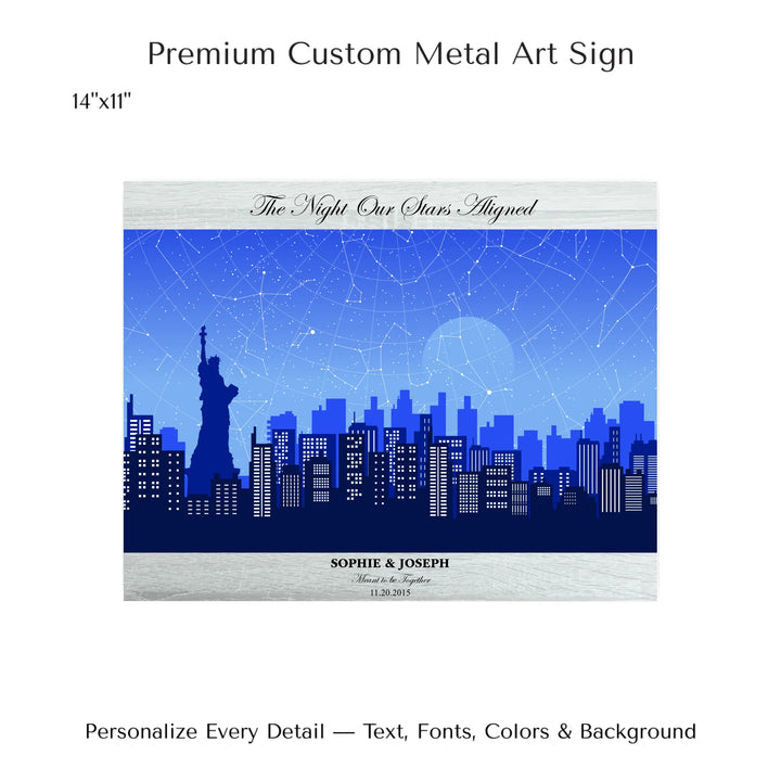 Custom star map wall art with New York City skyline background, personalized with names, date, and constellation layout - 14x11 metal art sign-ARTFULANE