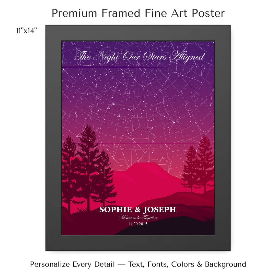 Custom star map print with crimson cliff landscape and night sky, personalized with names, date, and constellation details - 11x14 framed poster-ARTFULANE