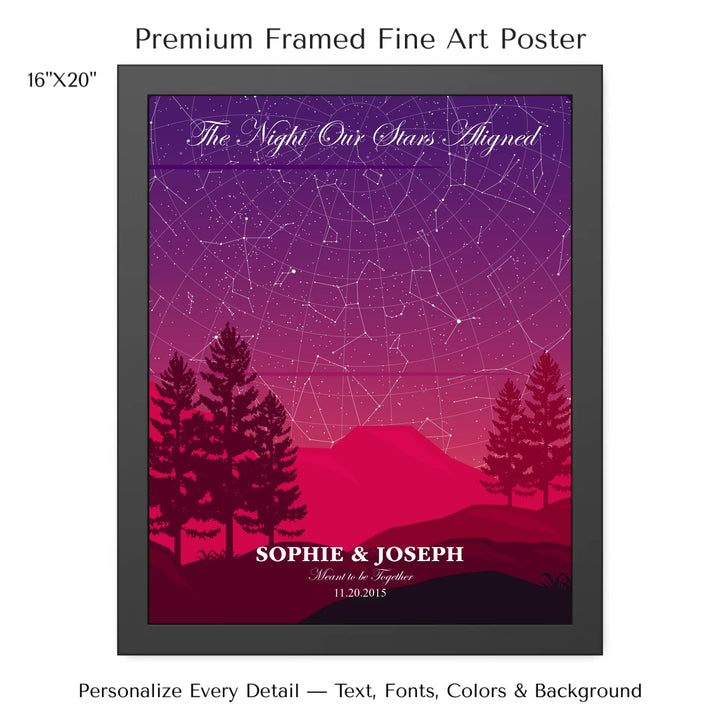 Custom star map print with crimson cliff landscape and night sky, personalized with names, date, and constellation details - 16x20 framed poster-ARTFULANE