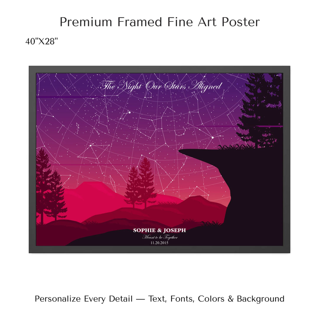 Custom star map print with crimson cliff landscape and night sky, personalized with names, date, and constellation details - 40x28 framed poster-ARTFULANE
