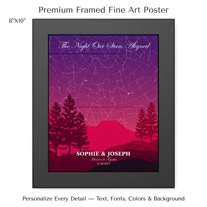 Custom star map print with crimson cliff landscape and night sky, personalized with names, date, and constellation details - 8x10 framed poster-ARTFULANE