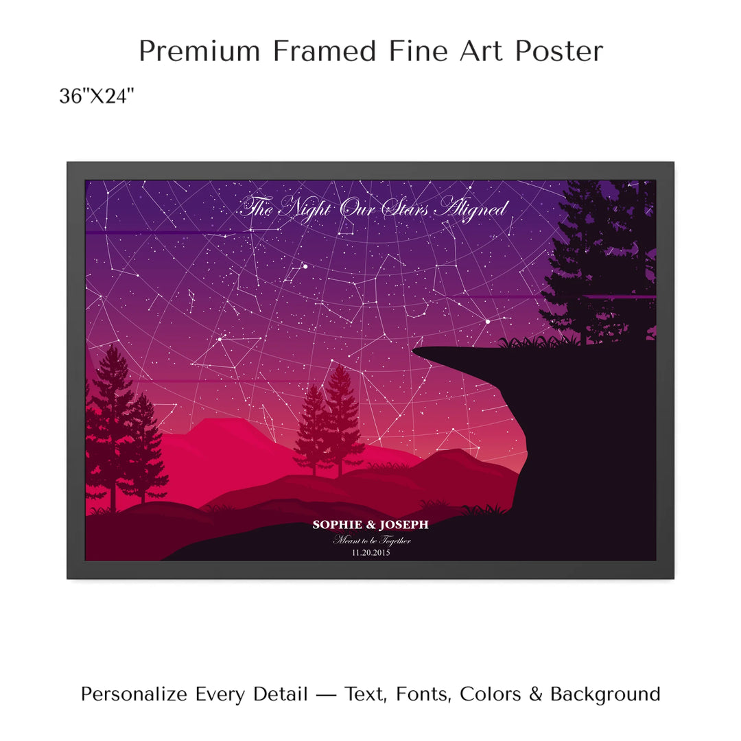 Custom star map print with crimson cliff landscape and night sky, personalized with names, date, and constellation details - 36x24 framed poster-ARTFULANE