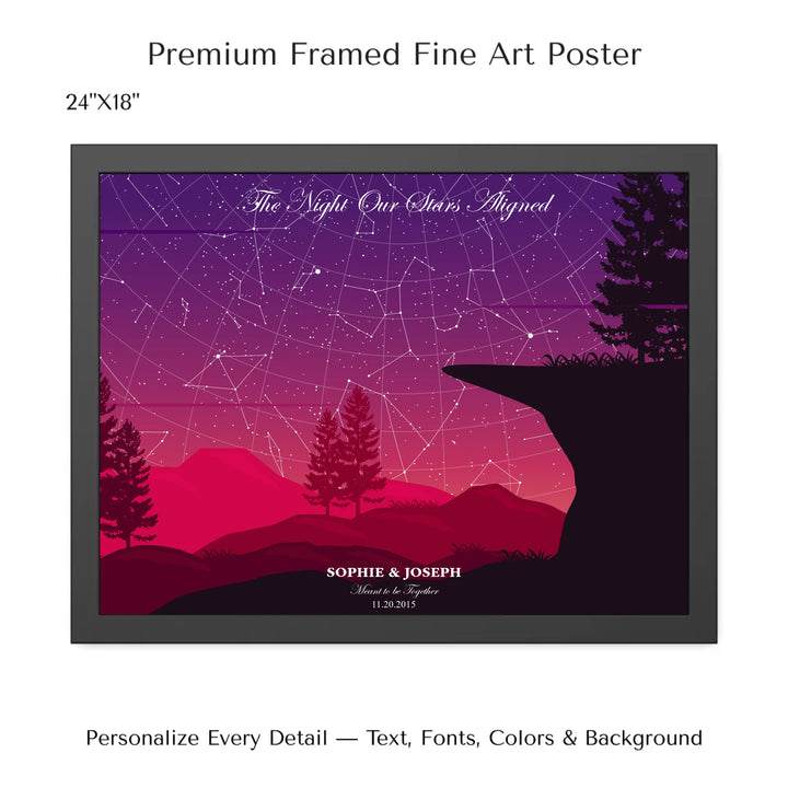 Custom star map print with crimson cliff landscape and night sky, personalized with names, date, and constellation details - 24x18 framed poster-ARTFULANE