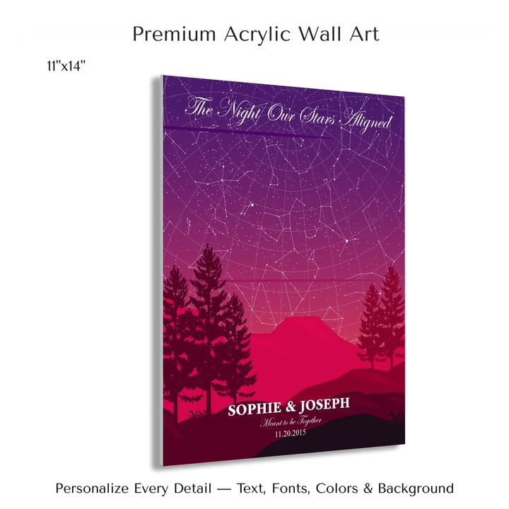 Custom star map print with crimson cliff landscape and night sky, personalized with names, date, and constellation details - 11x14 acrylic print with french cleat-ARTFULANE
