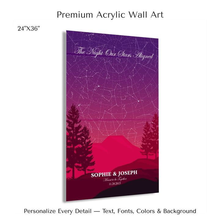 Custom star map print with crimson cliff landscape and night sky, personalized with names, date, and constellation details - 24x36 acrylic print with french cleat-ARTFULANE