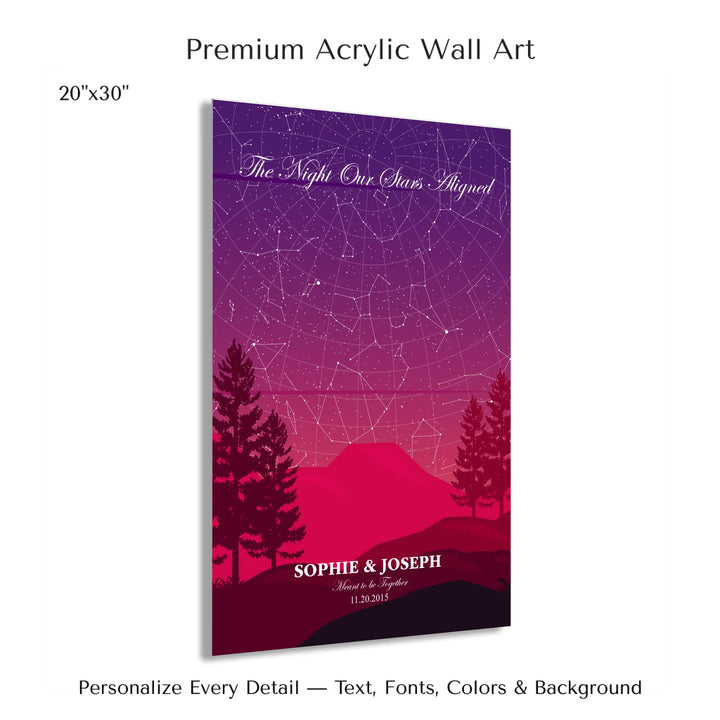 Custom star map print with crimson cliff landscape and night sky, personalized with names, date, and constellation details - 20x30 acrylic print with french cleat-ARTFULANE
