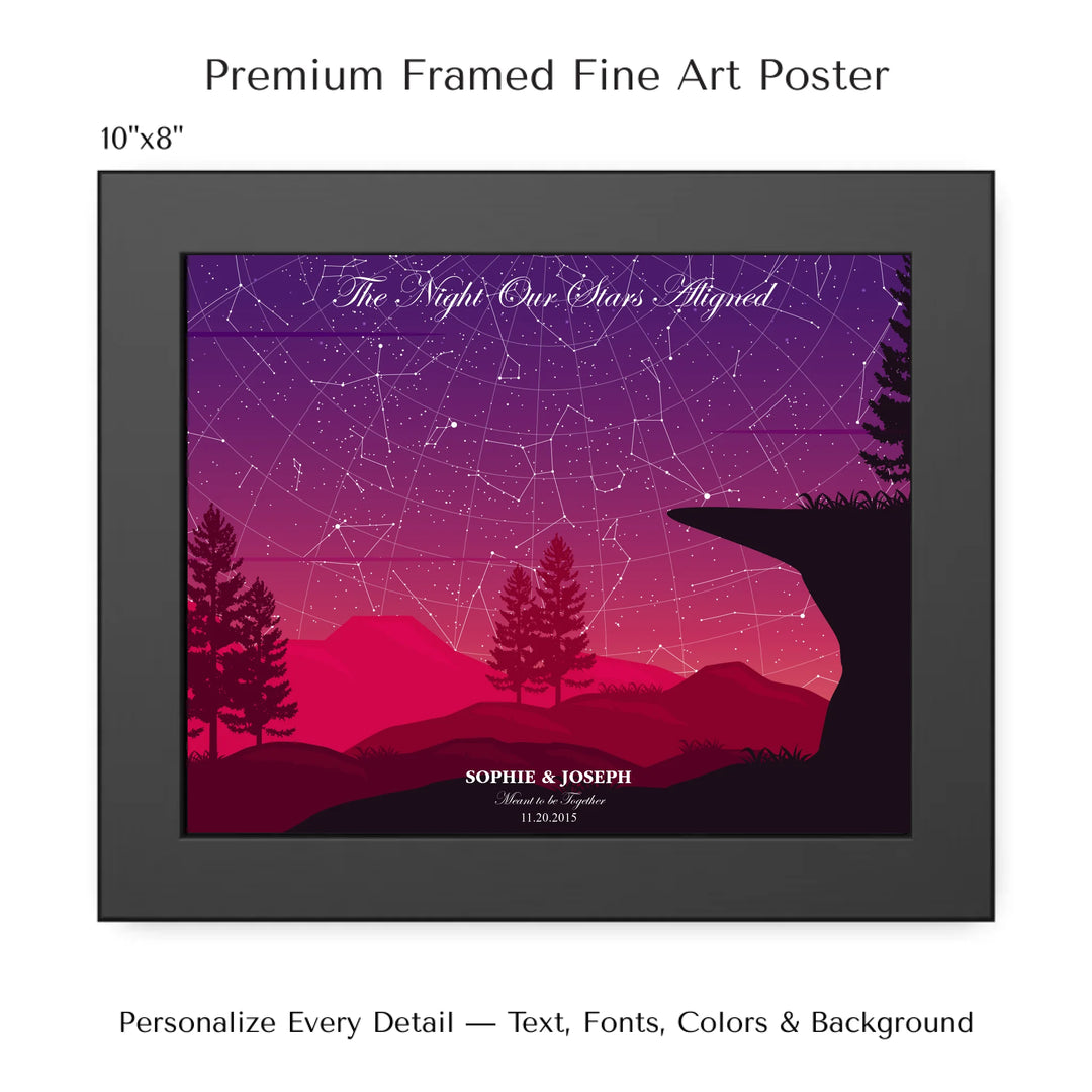 Custom star map print with crimson cliff landscape and night sky, personalized with names, date, and constellation details - 10x8 framed poster-ARTFULANE
