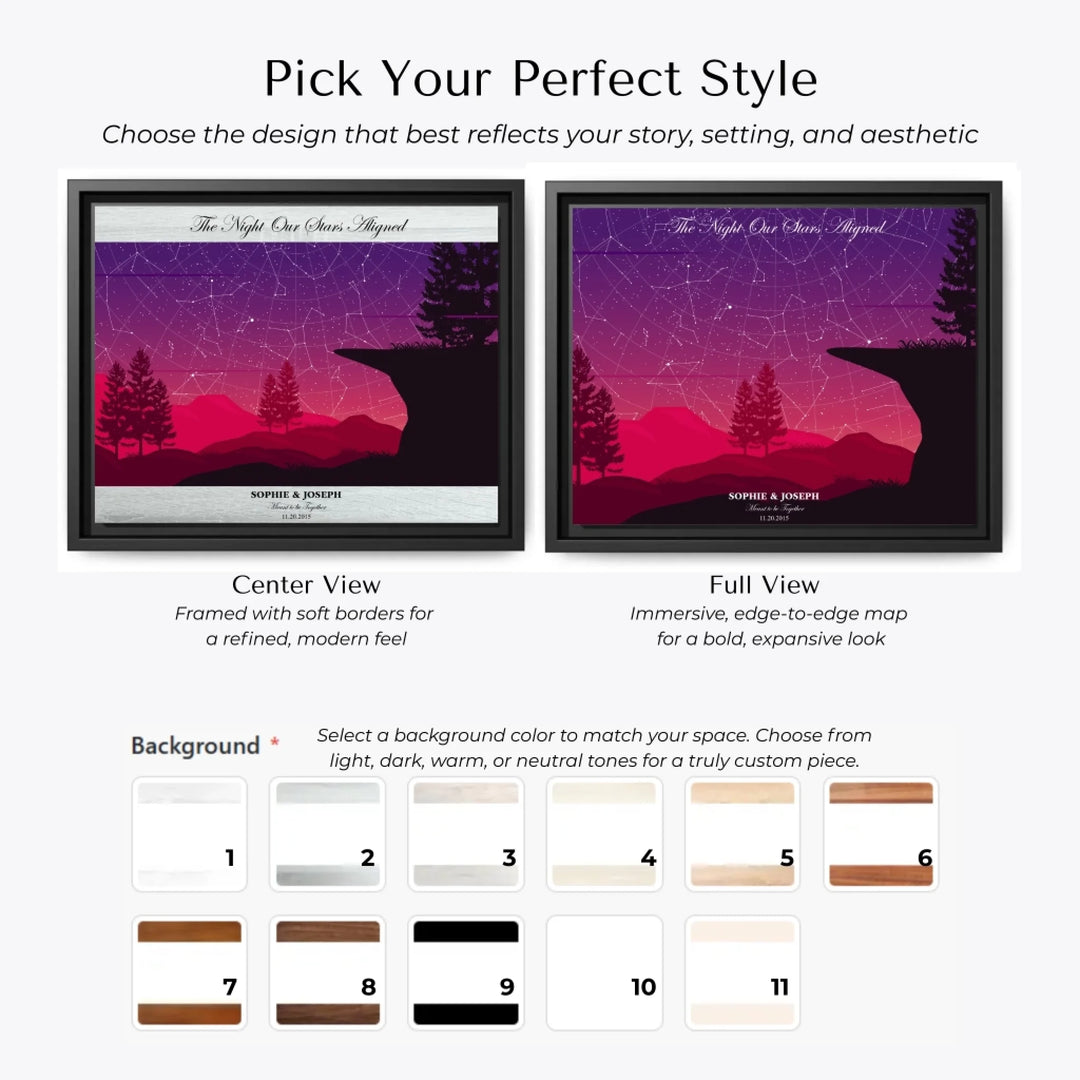 Custom star map print with crimson cliff landscape and night sky, personalized with names, date, and constellation details - crimson cliff Choose Your Map Style-ARTFULANE