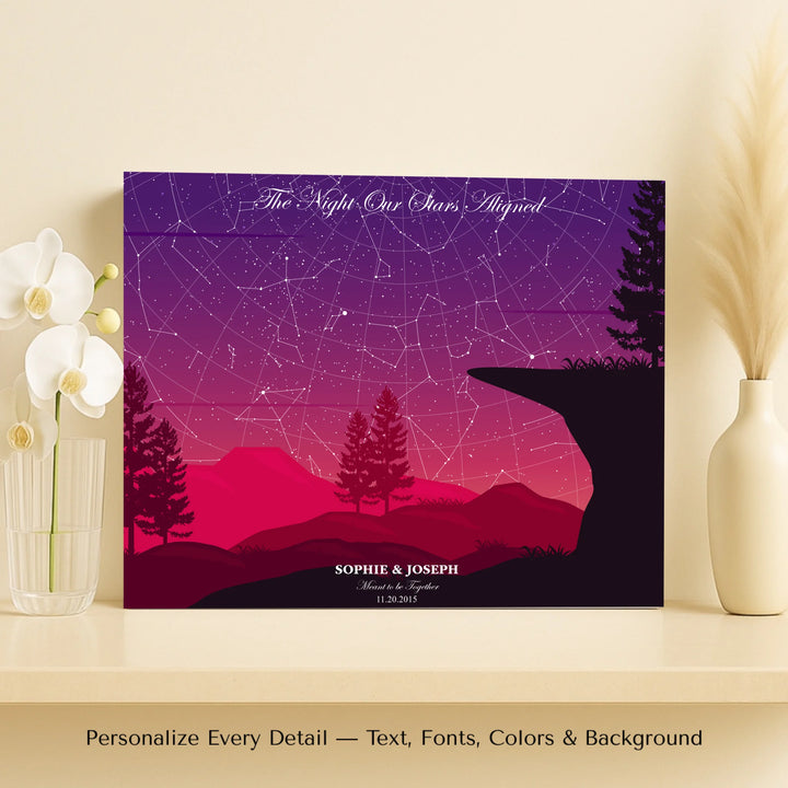 Custom star map print with crimson cliff landscape and night sky, personalized with names, date, and constellation details - horizontal unframed canvas-ARTFULANE