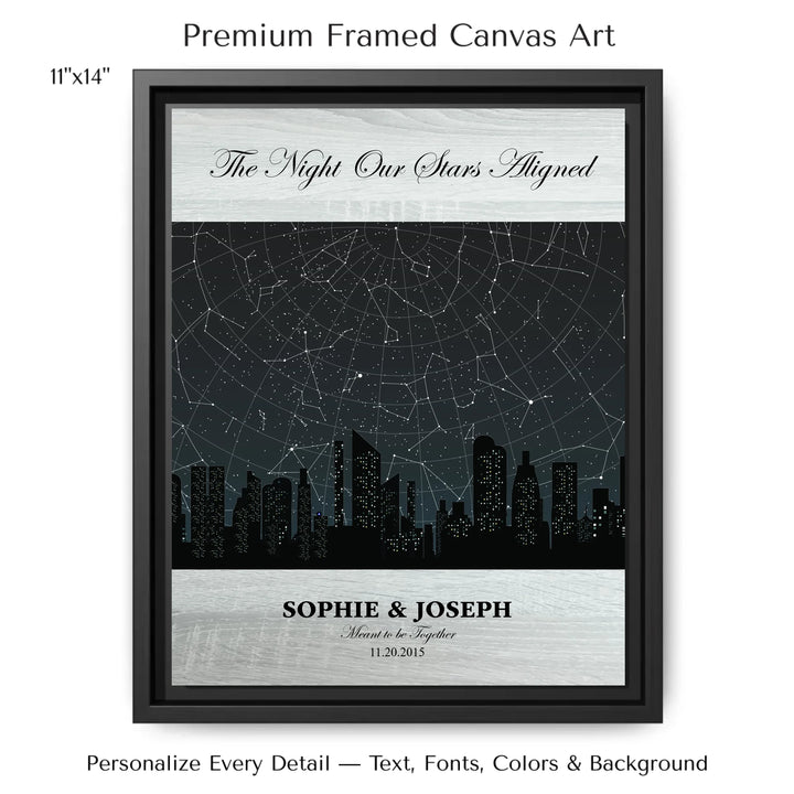 Custom star map wall art featuring a black city skyline, personalized with names, date, and constellation star chart - 11x14 framed canvas-ARTFULANE