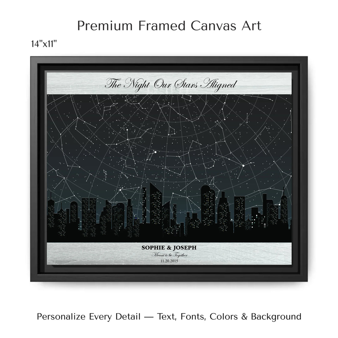 Custom star map wall art featuring a black city skyline, personalized with names, date, and constellation star chart - 14x11 framed canvas-ARTFULANE
