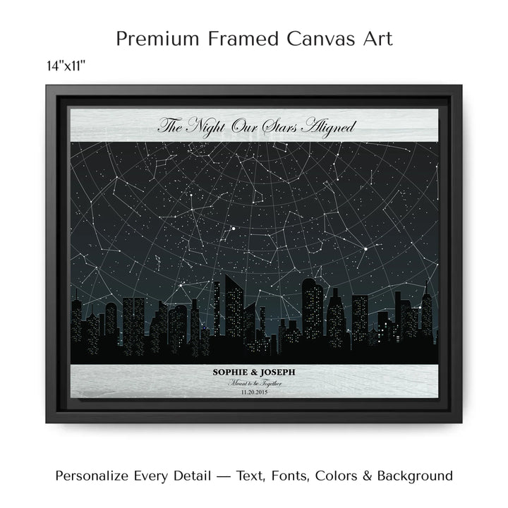 Custom star map wall art featuring a black city skyline, personalized with names, date, and constellation star chart - 14x11 framed canvas-ARTFULANE
