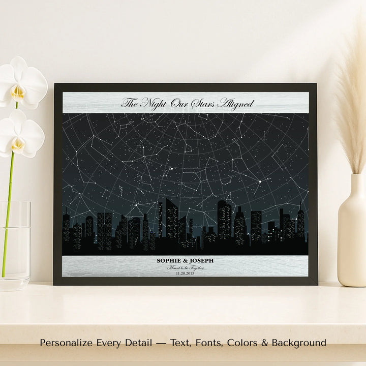 Custom star map wall art featuring a black city skyline, personalized with names, date, and constellation star chart - framed canvas on shelf-ARTFULANE