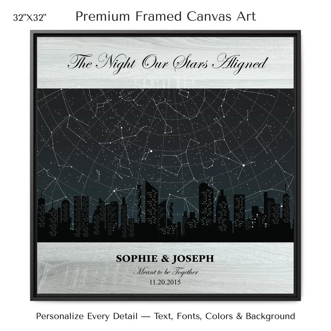 Custom star map wall art featuring a black city skyline, personalized with names, date, and constellation star chart - 32x32 framed canvas-ARTFULANE