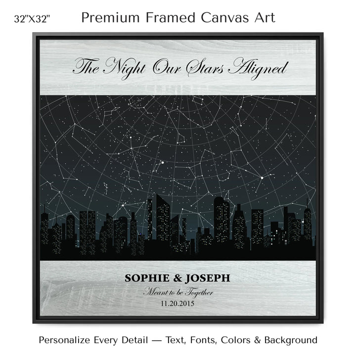 Custom star map wall art featuring a black city skyline, personalized with names, date, and constellation star chart - 32x32 framed canvas-ARTFULANE