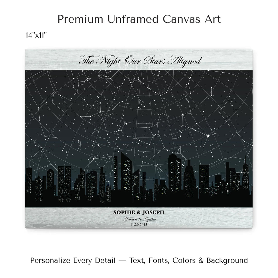 Custom star map wall art featuring a black city skyline, personalized with names, date, and constellation star chart - 14x11 stretched canvas-ARTFULANE
