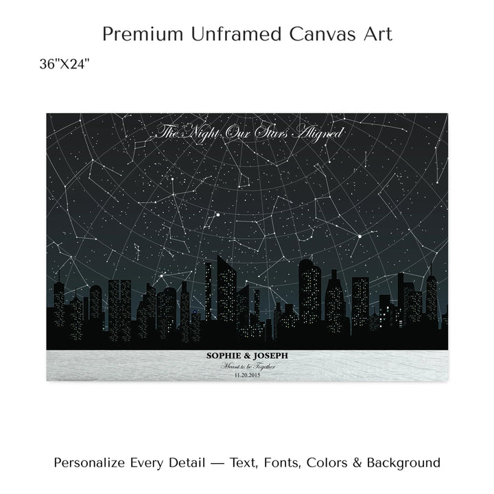 Custom star map wall art featuring a black city skyline, personalized with names, date, and constellation star chart - 36x24 stretched canvas-ARTFULANE