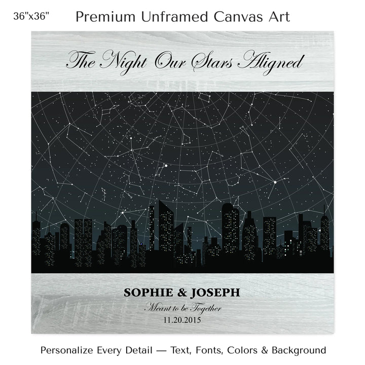 Custom star map wall art featuring a black city skyline, personalized with names, date, and constellation star chart - 36x36 stretched canvas-ARTFULANE