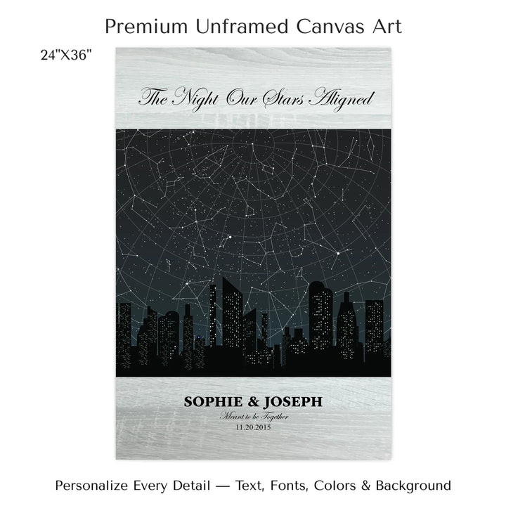 Custom star map wall art featuring a black city skyline, personalized with names, date, and constellation star chart - 24x36 stretched canvas-ARTFULANE