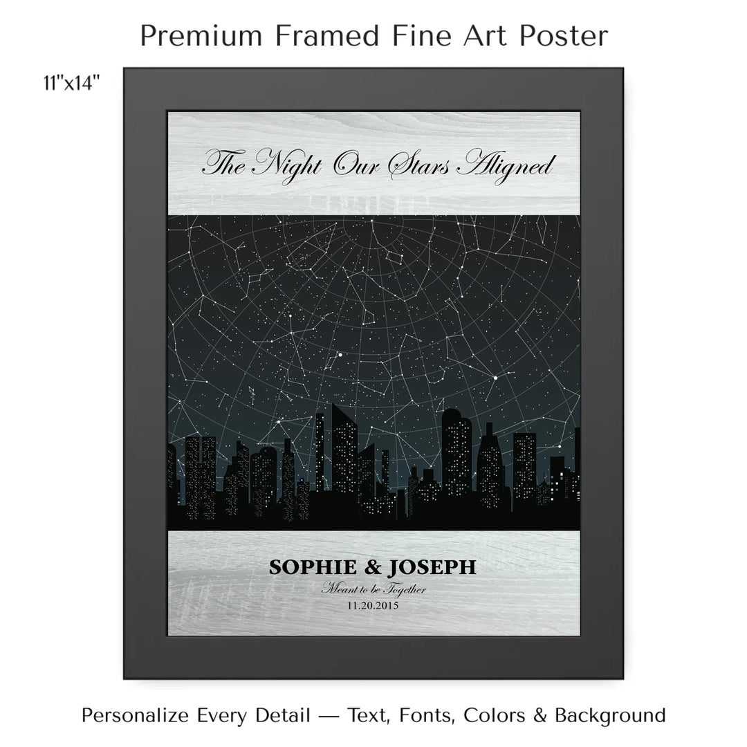 Custom star map wall art featuring a black city skyline, personalized with names, date, and constellation star chart - 11x14 framed poster-ARTFULANE