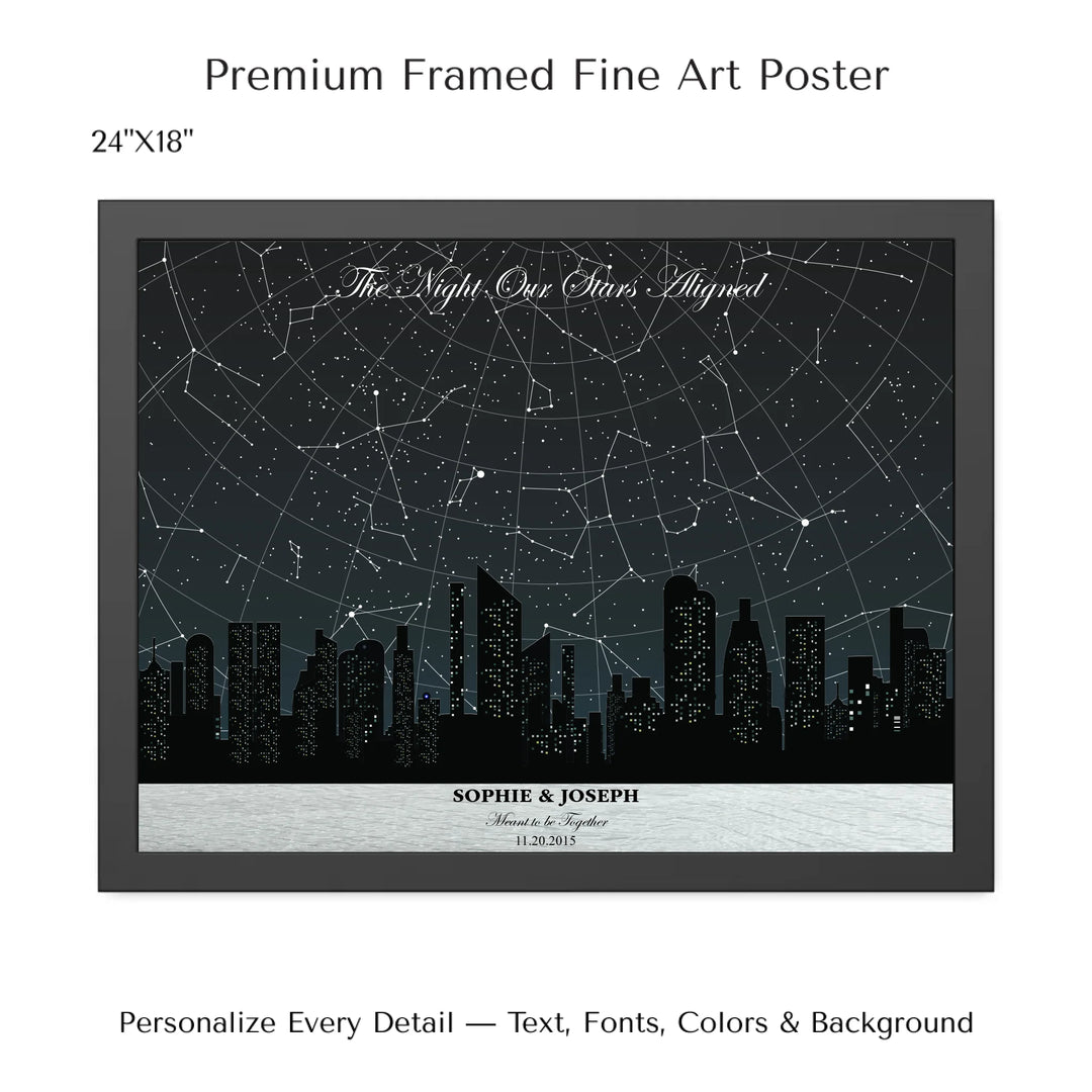 Custom star map wall art featuring a black city skyline, personalized with names, date, and constellation star chart - 24x18 framed poster-ARTFULANE