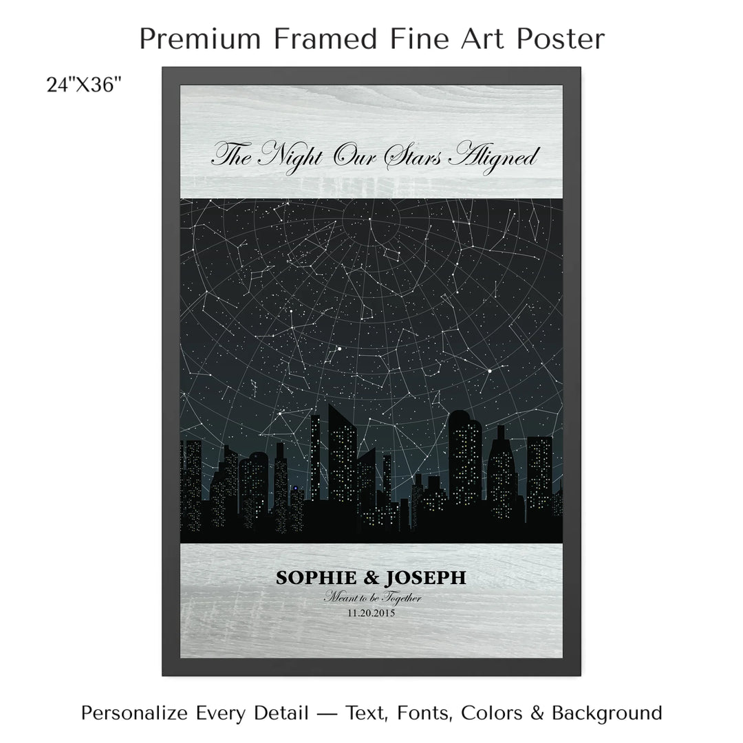 Custom star map wall art featuring a black city skyline, personalized with names, date, and constellation star chart - 24x36 framed poster-ARTFULANE