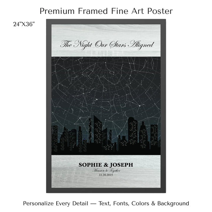 Custom star map wall art featuring a black city skyline, personalized with names, date, and constellation star chart - 24x36 framed poster-ARTFULANE