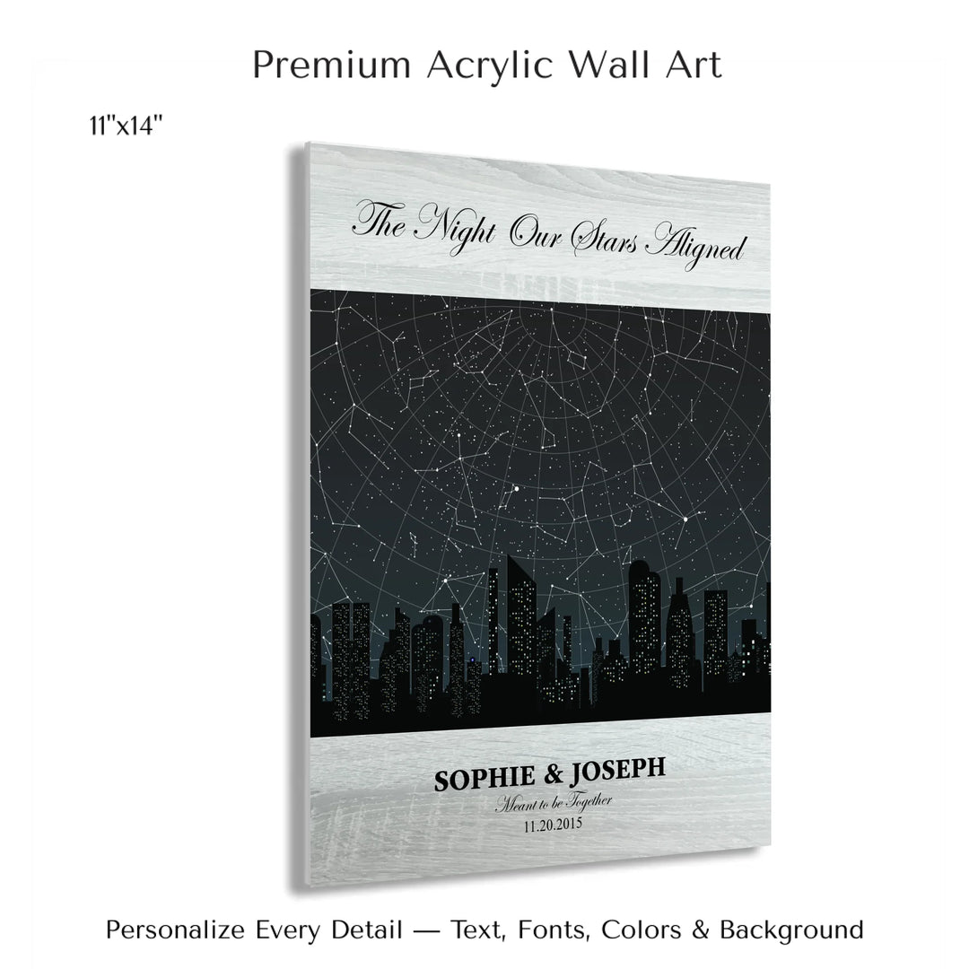 Custom star map wall art featuring a black city skyline, personalized with names, date, and constellation star chart - 11x14 acrylic print with french cleat-ARTFULANE