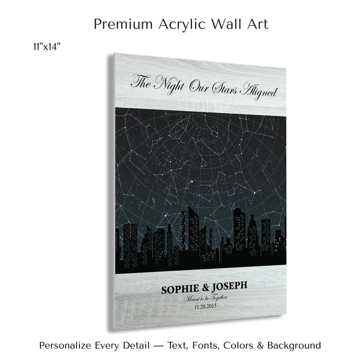 Custom star map wall art featuring a black city skyline, personalized with names, date, and constellation star chart - 11x14 acrylic print with french cleat-ARTFULANE
