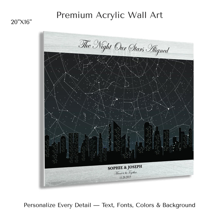 Custom star map wall art featuring a black city skyline, personalized with names, date, and constellation star chart - 20x16 acrylic print with french cleat-ARTFULANE
