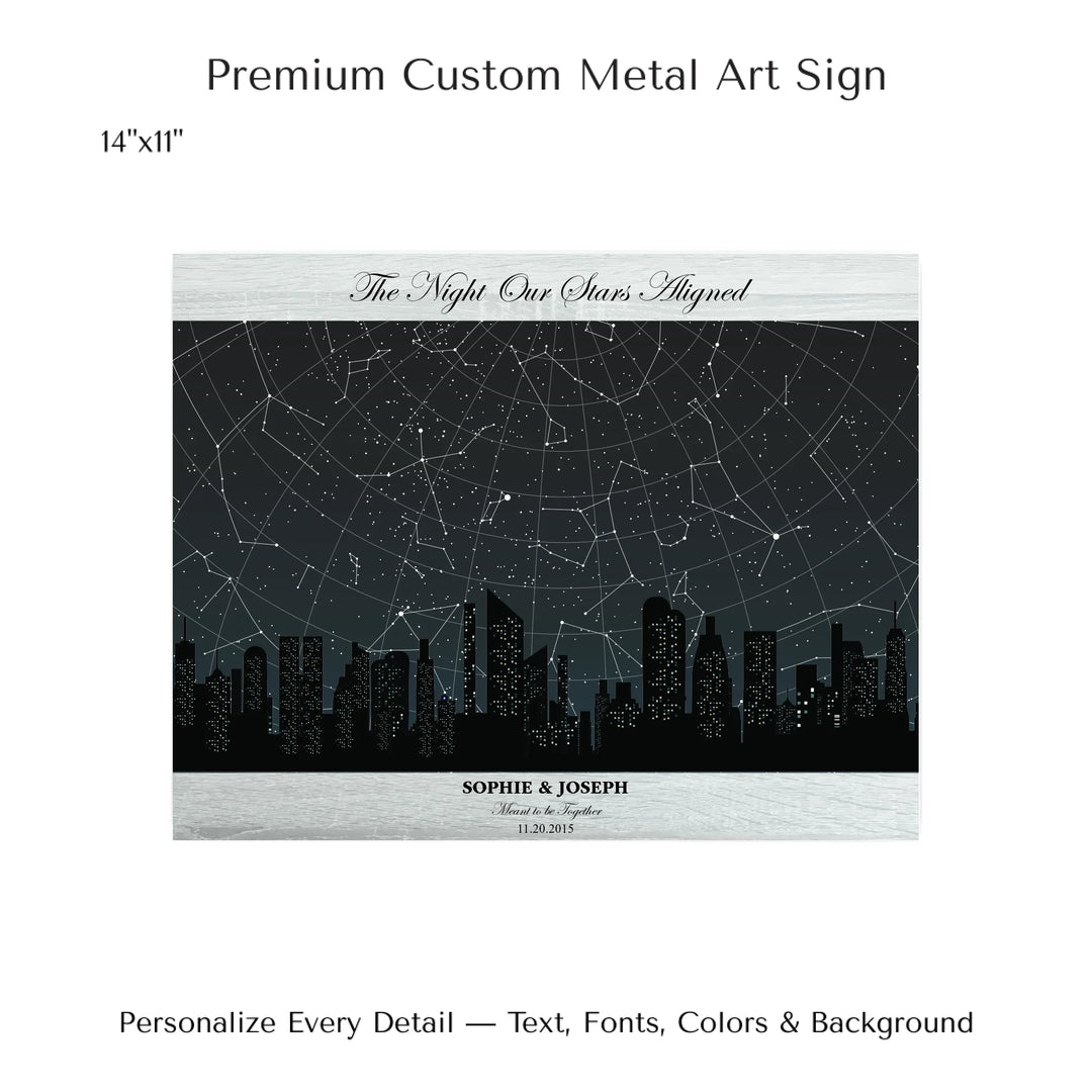 Custom star map wall art featuring a black city skyline, personalized with names, date, and constellation star chart - 14x11 metal art sign-ARTFULANE