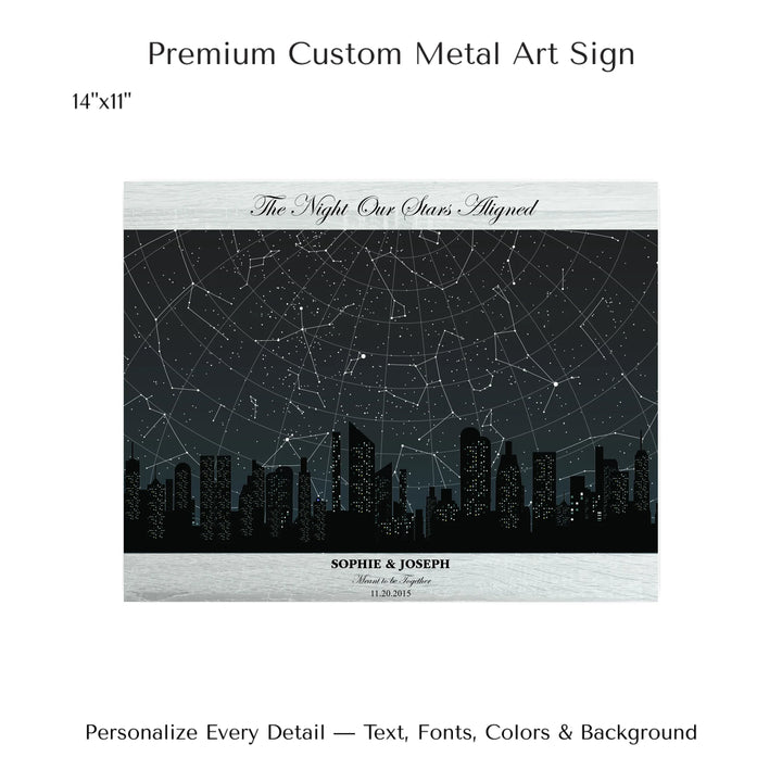 Custom star map wall art featuring a black city skyline, personalized with names, date, and constellation star chart - 14x11 metal art sign-ARTFULANE
