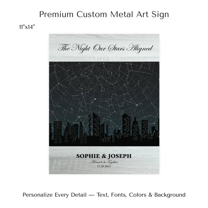 Custom star map wall art featuring a black city skyline, personalized with names, date, and constellation star chart - 11x14 metal art sign-ARTFULANE