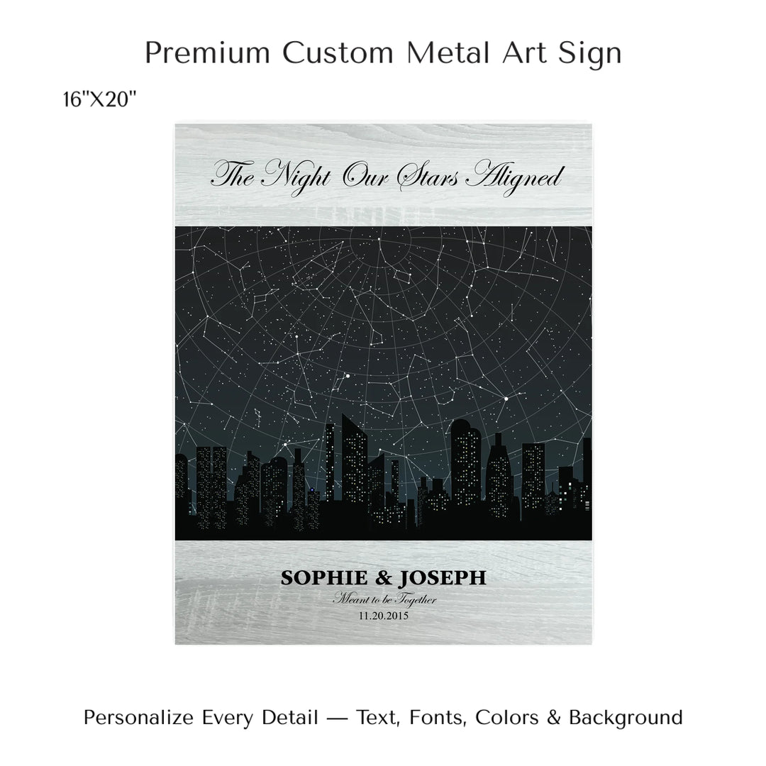 Custom star map wall art featuring a black city skyline, personalized with names, date, and constellation star chart - 16x20 metal art sign-ARTFULANE