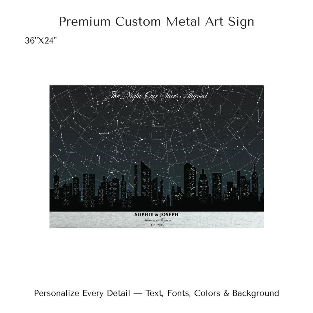 Custom star map wall art featuring a black city skyline, personalized with names, date, and constellation star chart - 36x24 metal art sign-ARTFULANE