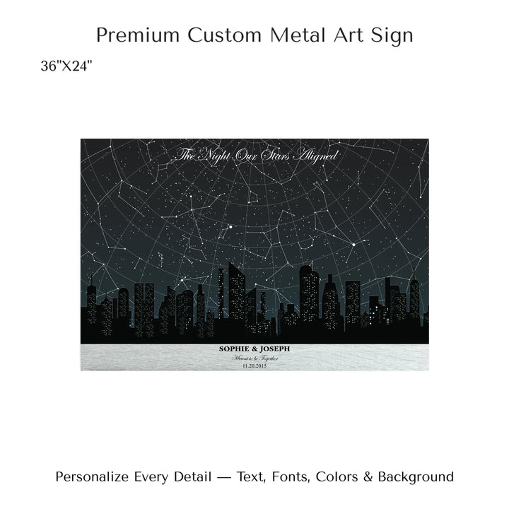 Custom star map wall art featuring a black city skyline, personalized with names, date, and constellation star chart - 36x24 metal art sign-ARTFULANE