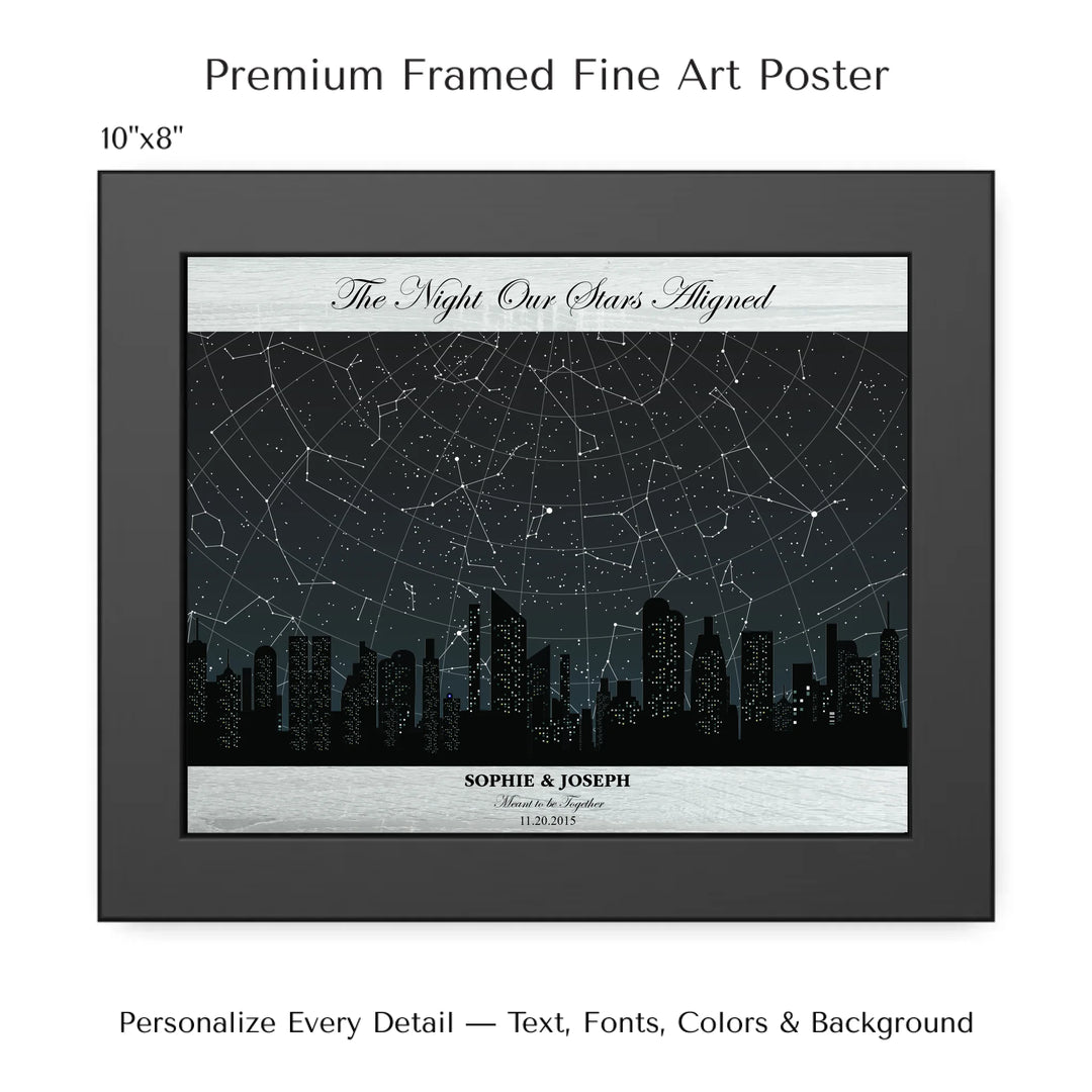 Custom star map wall art featuring a black city skyline, personalized with names, date, and constellation star chart - 10x8 framed poster-ARTFULANE