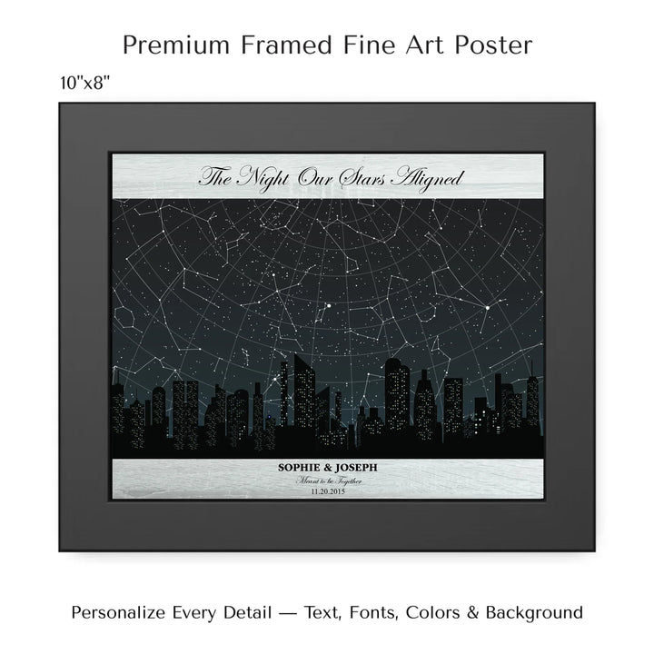 Custom star map wall art featuring a black city skyline, personalized with names, date, and constellation star chart - 10x8 framed poster-ARTFULANE