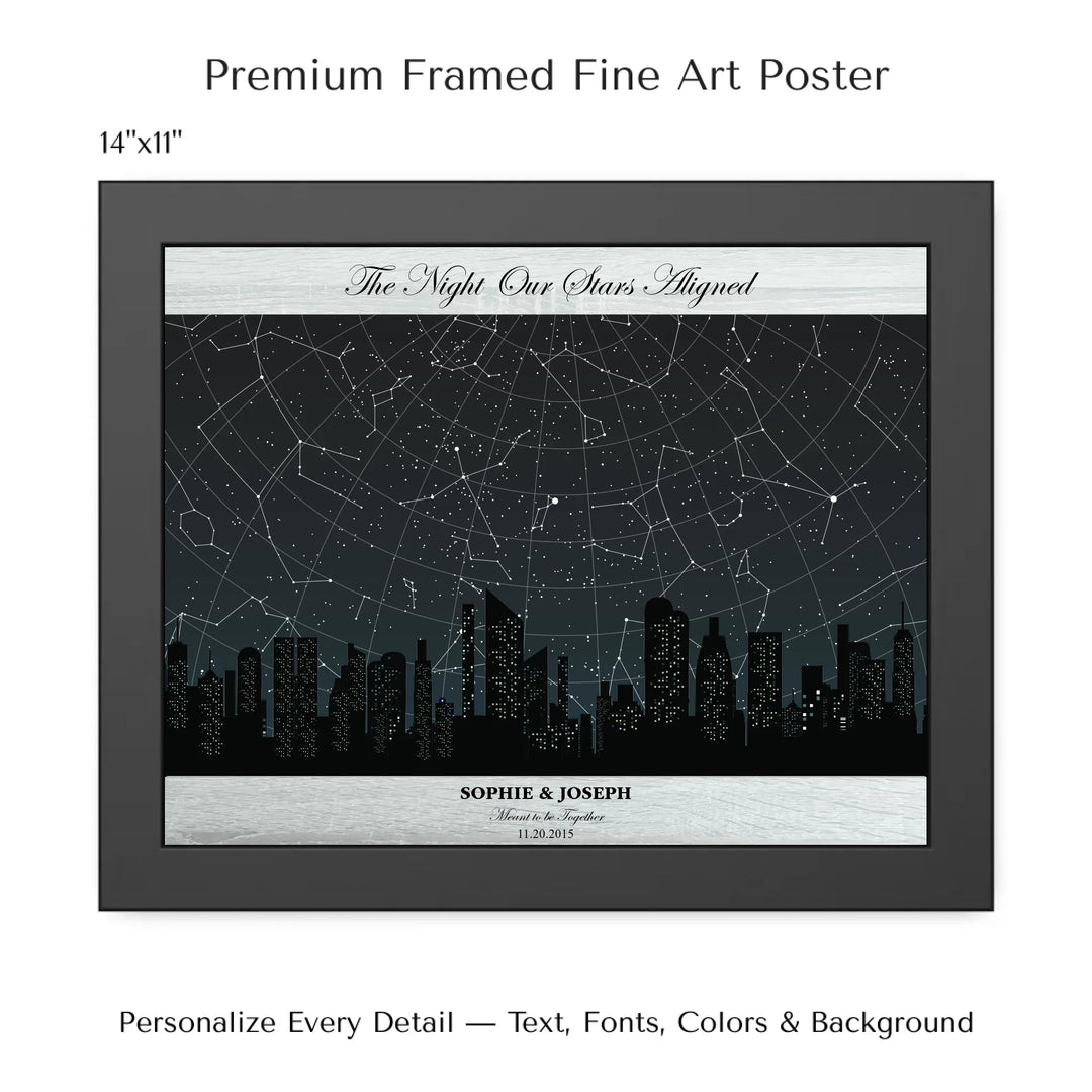 Custom star map wall art featuring a black city skyline, personalized with names, date, and constellation star chart - 14x11 framed poster-ARTFULANE