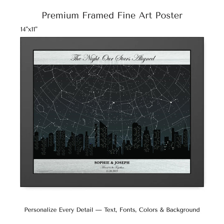 Custom star map wall art featuring a black city skyline, personalized with names, date, and constellation star chart - 14x11 framed poster-ARTFULANE