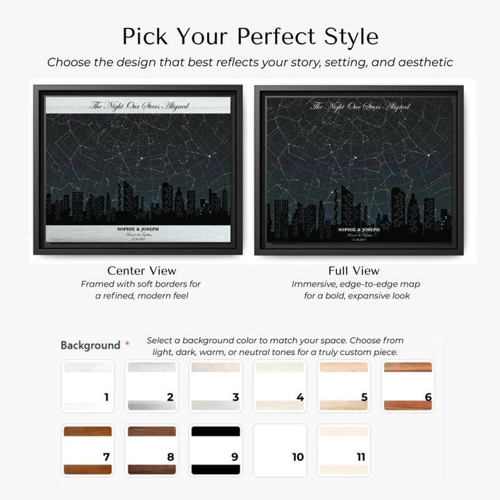 Custom star map wall art featuring a black city skyline, personalized with names, date, and constellation star chart - city skyline Choose Your Map Style-ARTFULANE