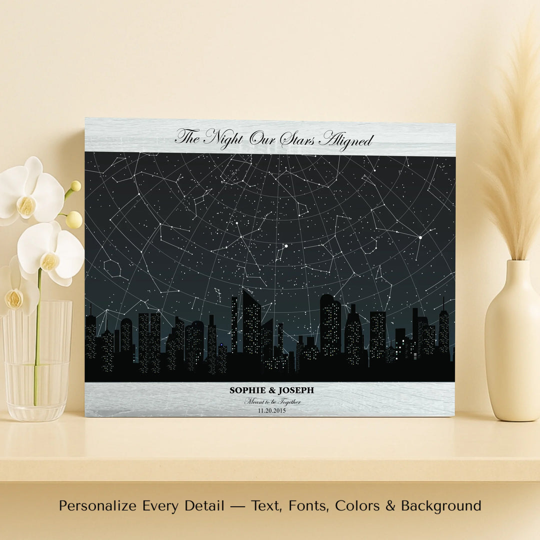 Custom star map wall art featuring a black city skyline, personalized with names, date, and constellation star chart - horizontal unframed canvas-ARTFULANE