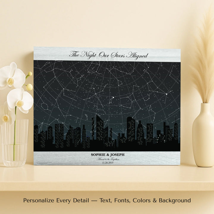 Custom star map wall art featuring a black city skyline, personalized with names, date, and constellation star chart - horizontal unframed canvas-ARTFULANE