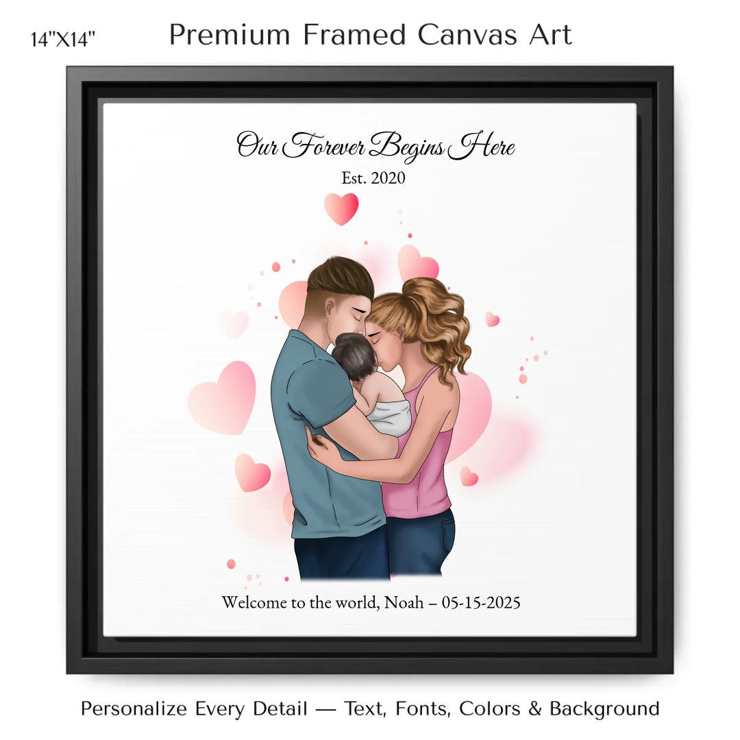 Illustrated custom family portrait wall art with couple holding baby, watercolor background, and personalized text including names, date, and quote -14x14 framed canvas-ARTFULANE