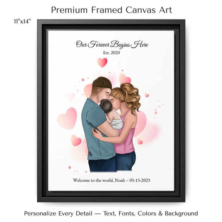Illustrated custom family portrait wall art with couple holding baby, watercolor background, and personalized text including names, date, and quote -11x14 framed canvas-ARTFULANE