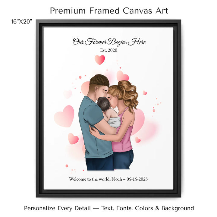 Illustrated custom family portrait wall art with couple holding baby, watercolor background, and personalized text including names, date, and quote - 16x20 framed canvas-ARTFULANE