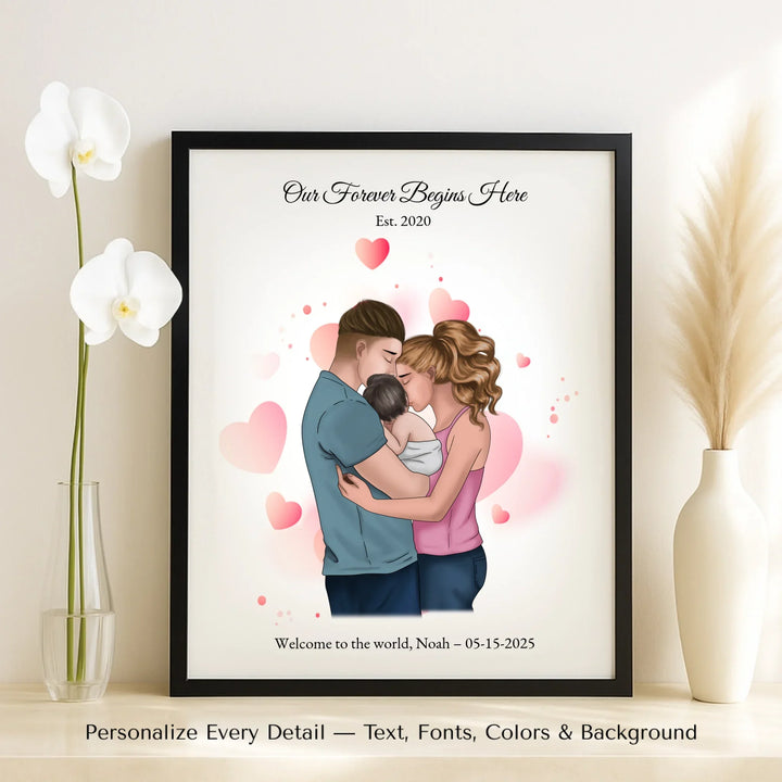 Illustrated custom family portrait wall art with couple holding baby, watercolor background, and personalized text including names, date, and quote -framed canvas on table-ARTFULANE